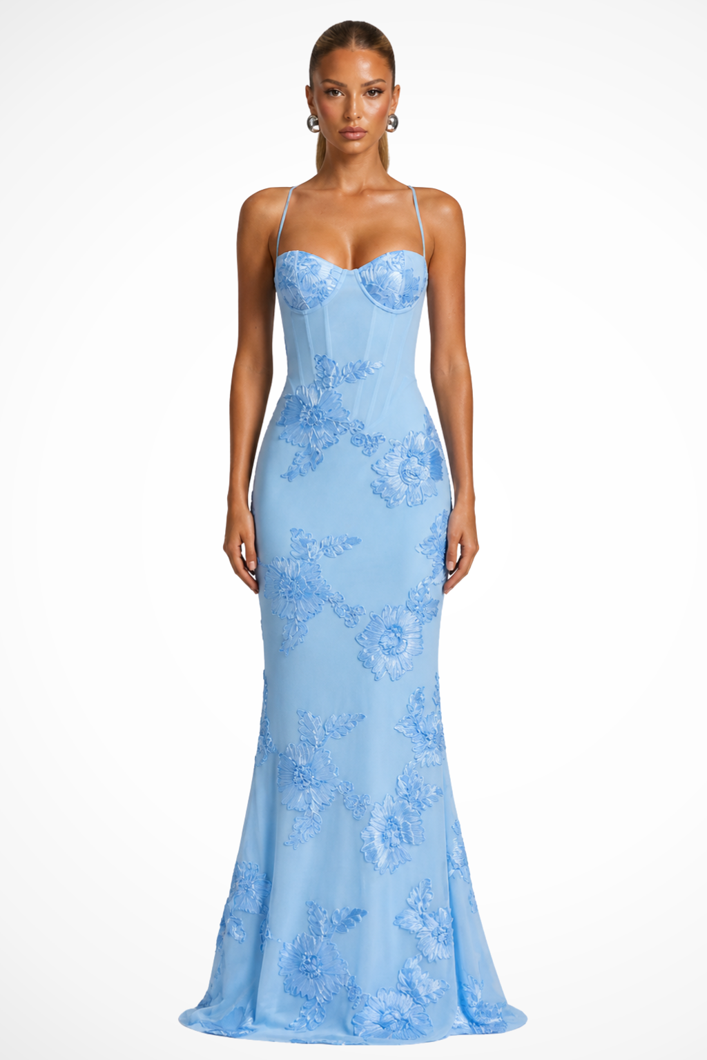 Pale yellow embroidered mermaid formal dress with corset bodice and lace-up open back - view 12