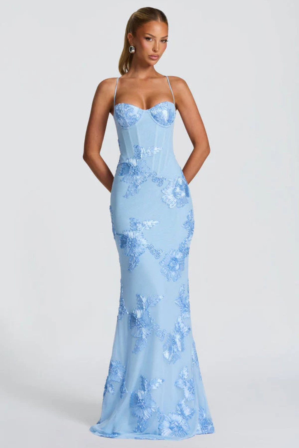 Pale yellow embroidered mermaid formal dress with corset bodice and lace-up open back - view 13