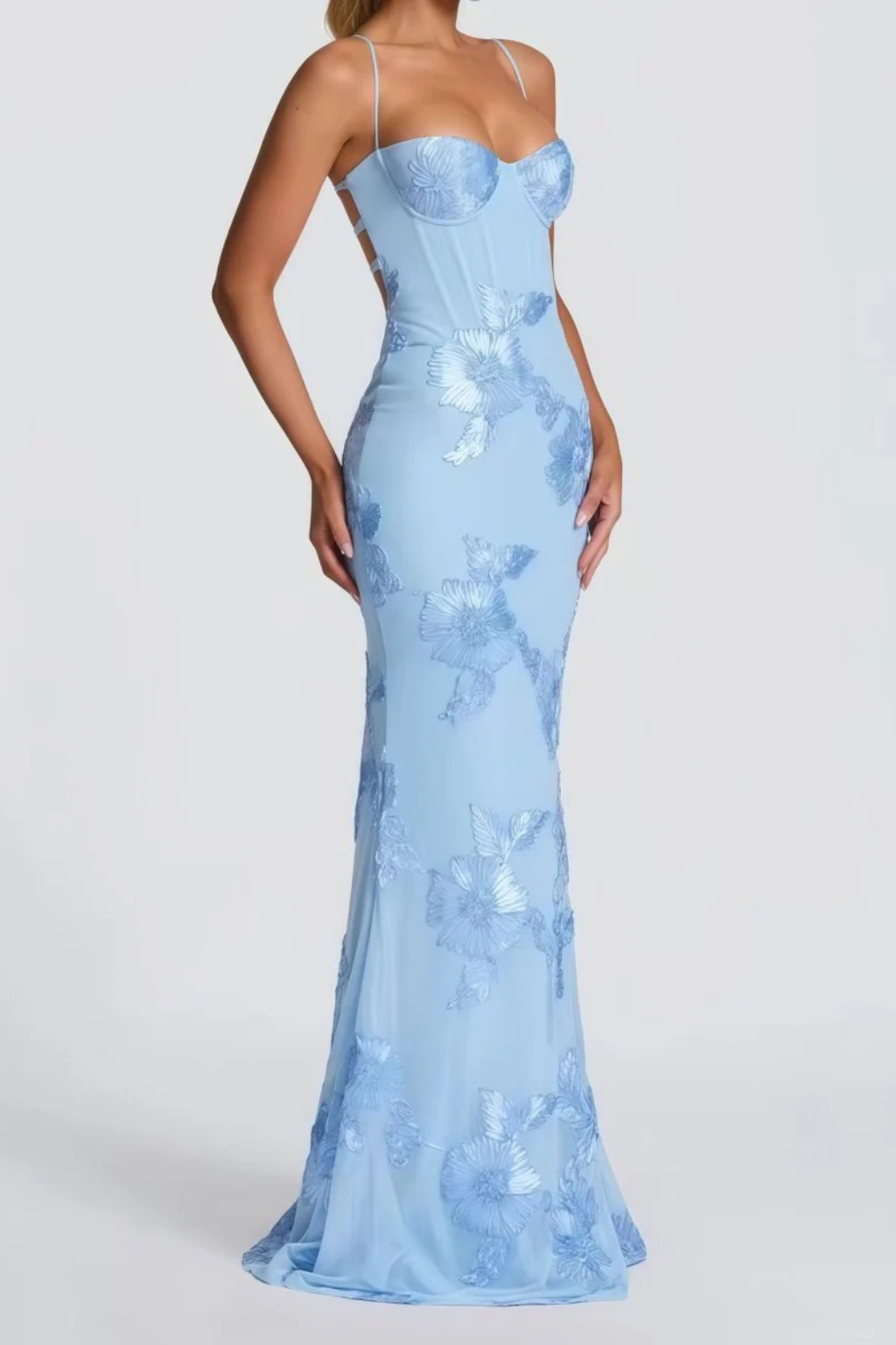 Pale yellow embroidered mermaid formal dress with corset bodice and lace-up open back - view 14