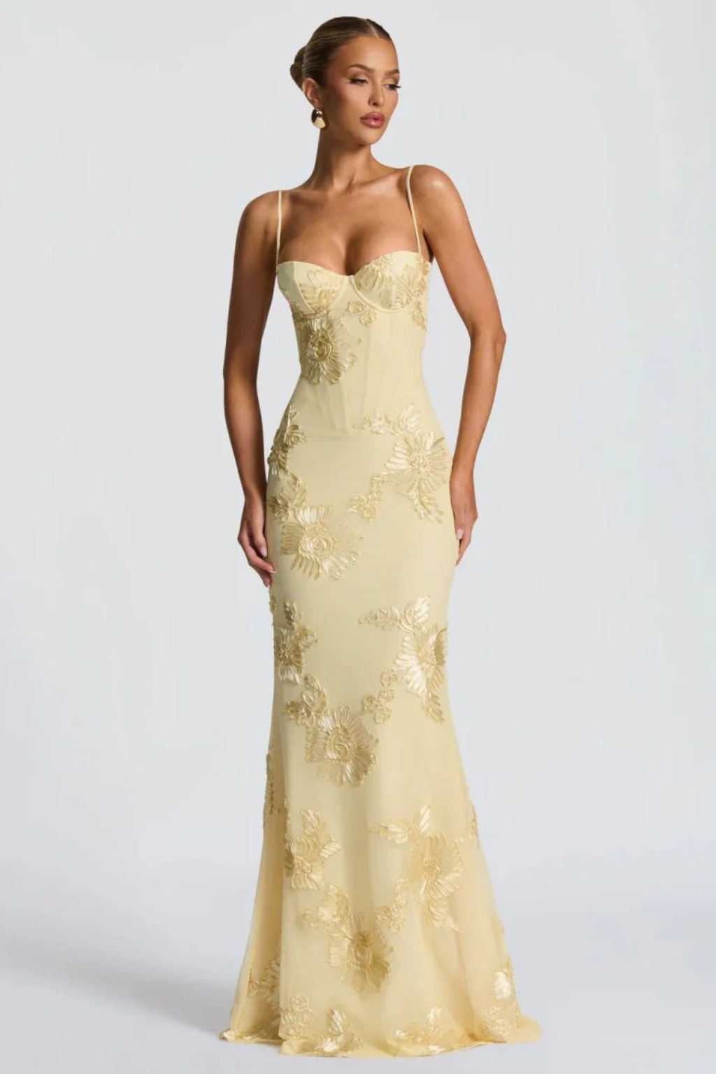 Pale yellow embroidered mermaid formal dress with corset bodice and lace-up open back - view 3
