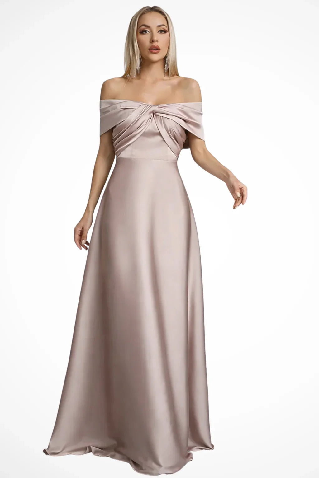 Taupe off-shoulder satin formal maxi dress with twisted knot bodice and A-line skirt
