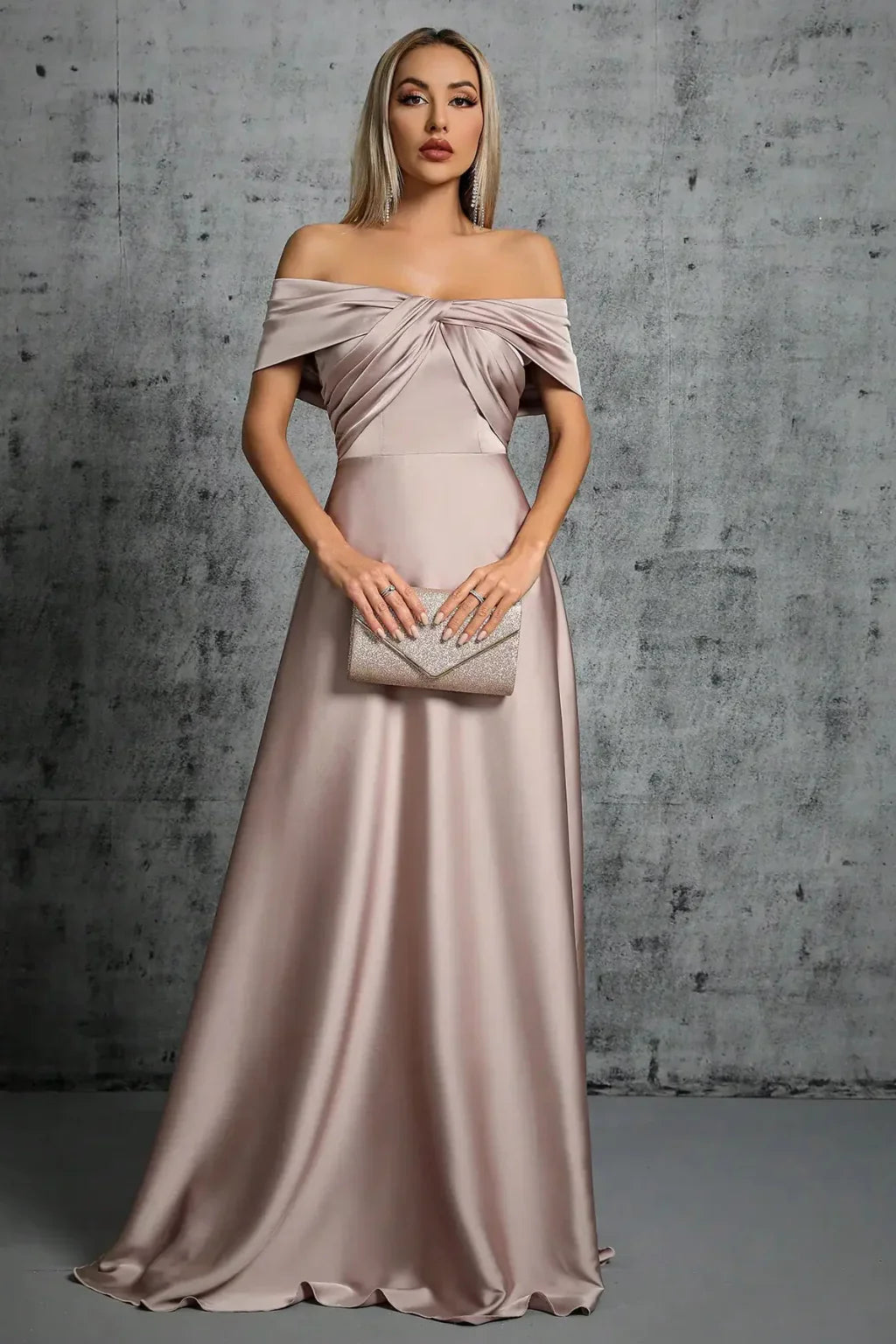 Taupe off-shoulder satin formal maxi dress with twisted knot bodice and A-line skirt - view 10