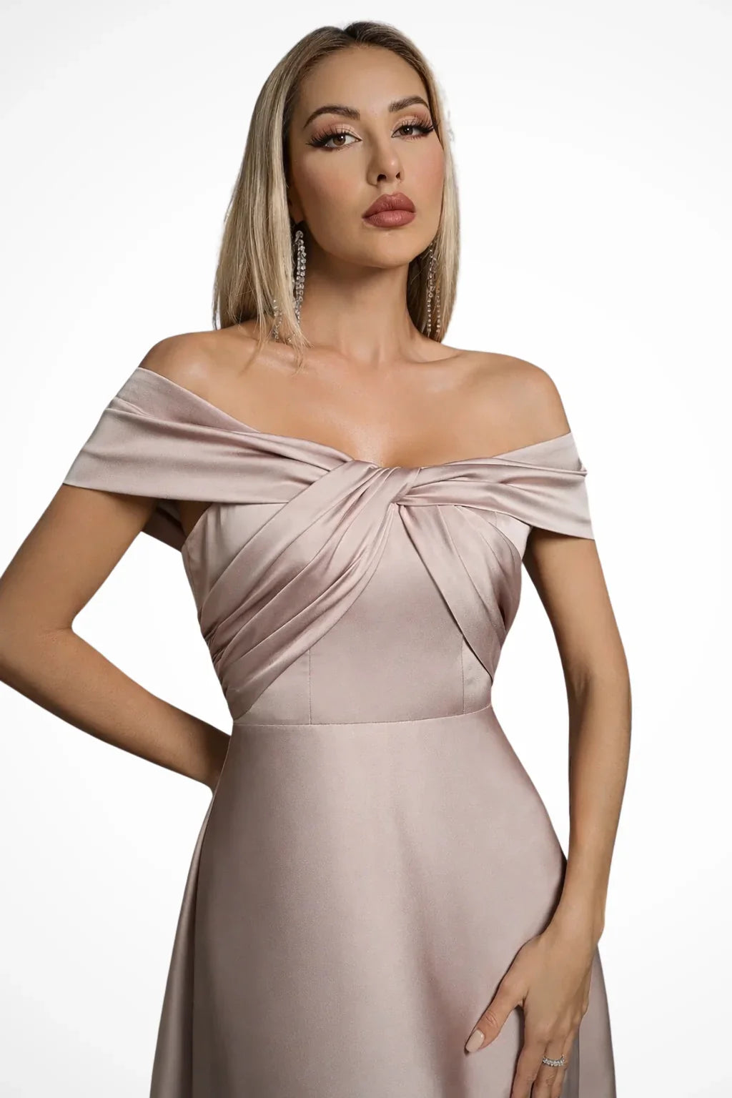 Taupe off-shoulder satin formal maxi dress with twisted knot bodice and A-line skirt - view 11