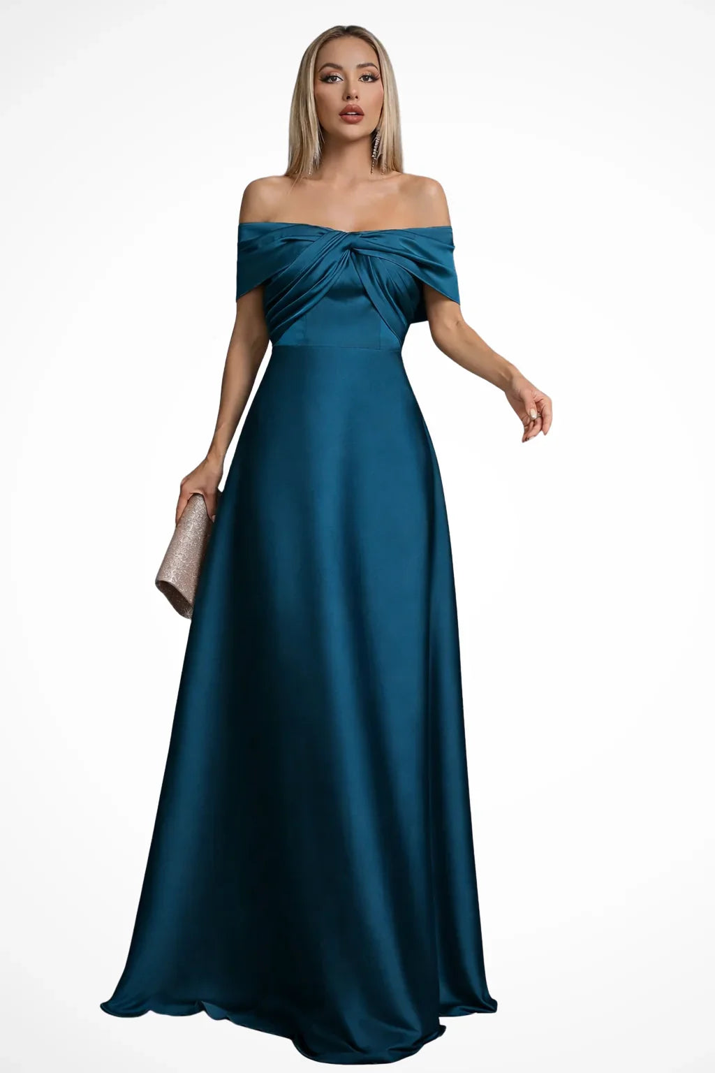 Taupe off-shoulder satin formal maxi dress with twisted knot bodice and A-line skirt - view 13