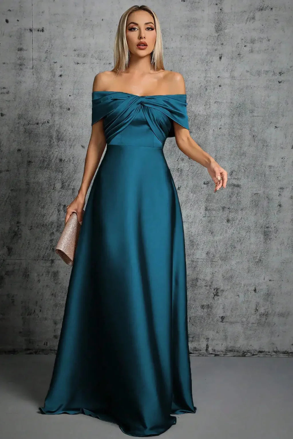Taupe off-shoulder satin formal maxi dress with twisted knot bodice and A-line skirt - view 14
