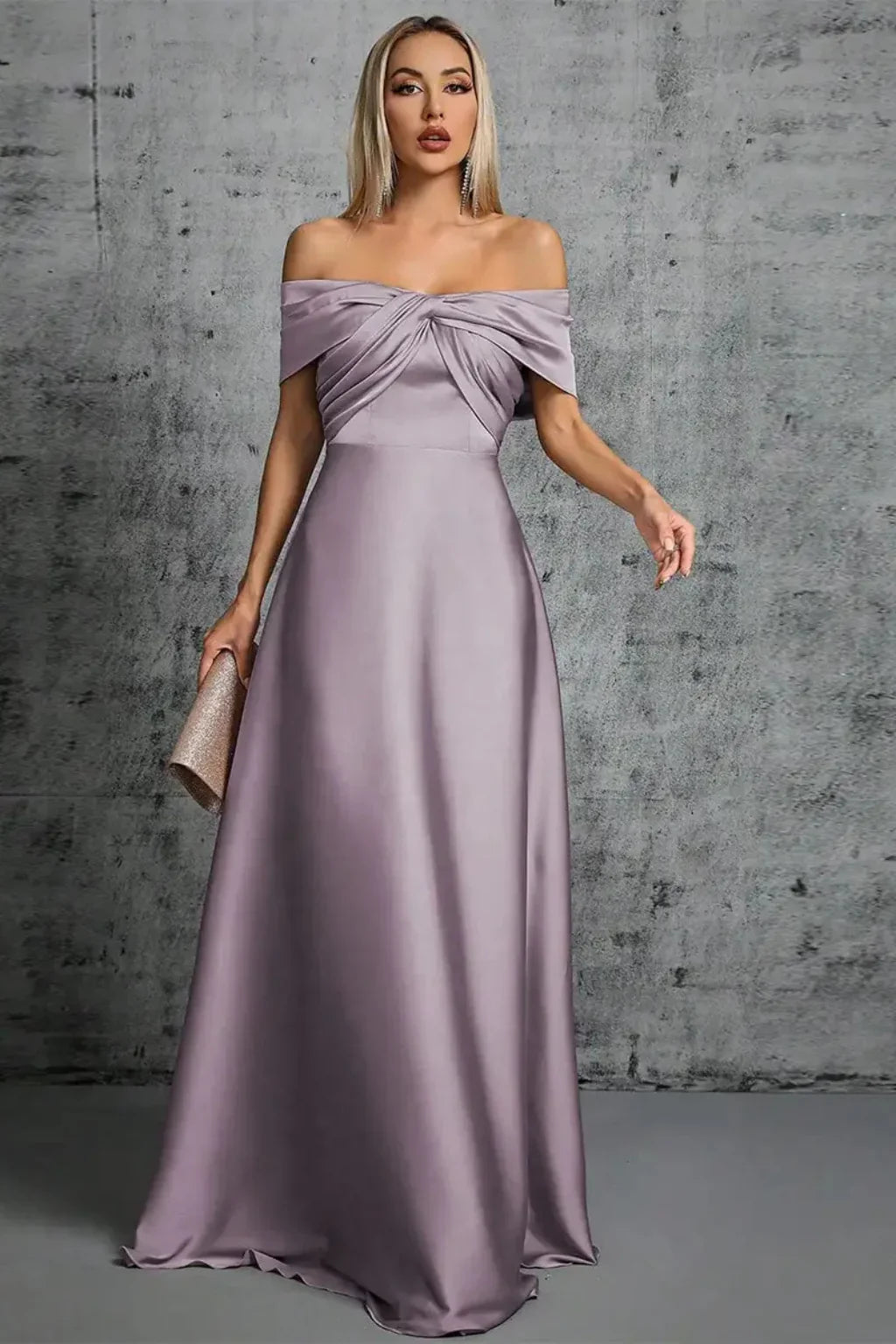 Taupe off-shoulder satin formal maxi dress with twisted knot bodice and A-line skirt - view 16