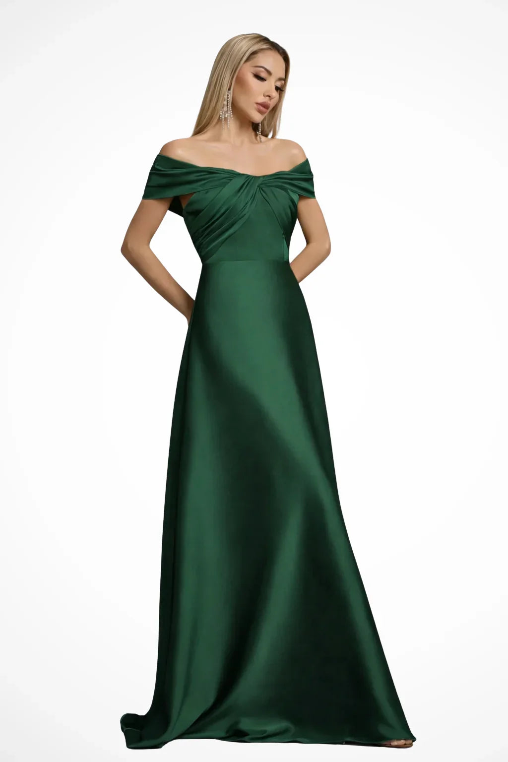 Taupe off-shoulder satin formal maxi dress with twisted knot bodice and A-line skirt - view 17