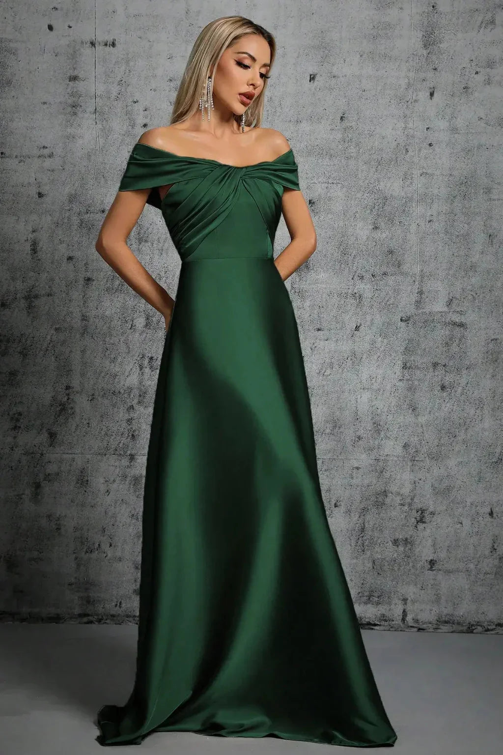 Taupe off-shoulder satin formal maxi dress with twisted knot bodice and A-line skirt - view 18