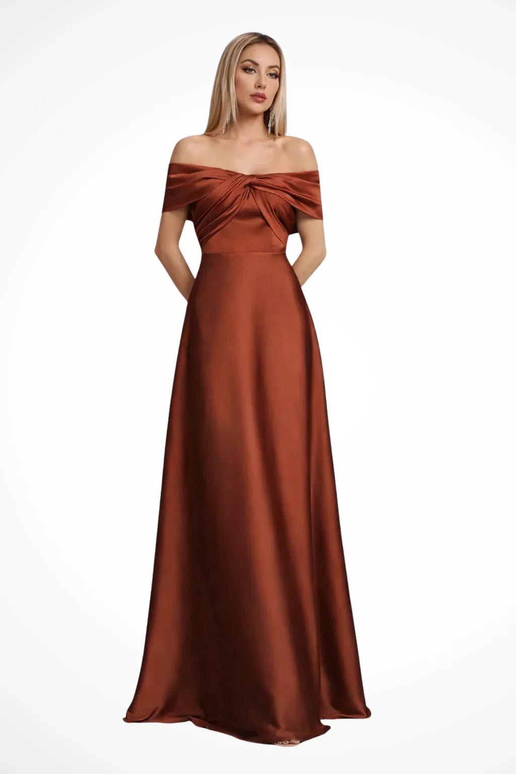 Taupe off-shoulder satin formal maxi dress with twisted knot bodice and A-line skirt - view 19