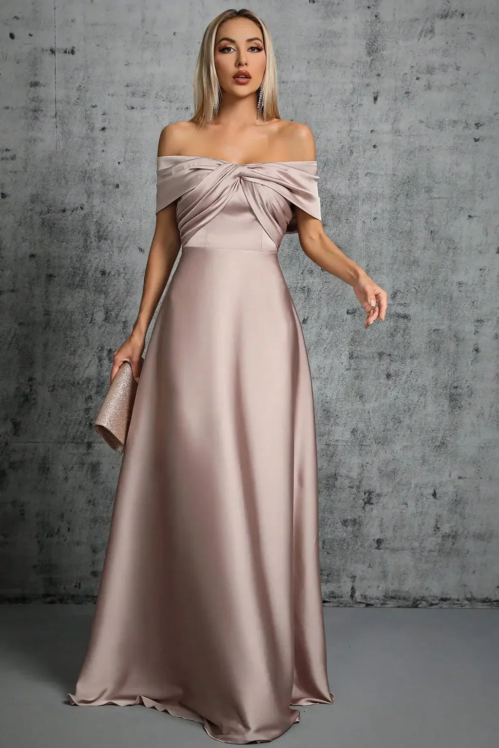 Taupe off-shoulder satin formal maxi dress with twisted knot bodice and A-line skirt - view 2