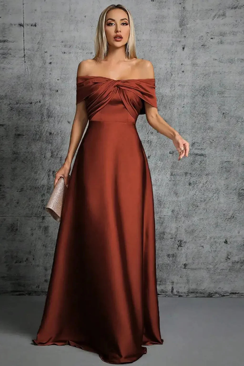 Taupe off-shoulder satin formal maxi dress with twisted knot bodice and A-line skirt - view 20