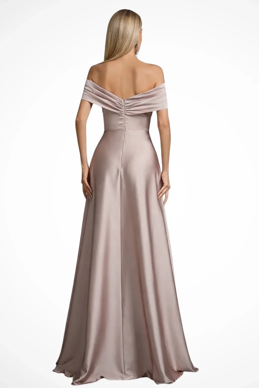Taupe off-shoulder satin formal maxi dress with twisted knot bodice and A-line skirt - view 3