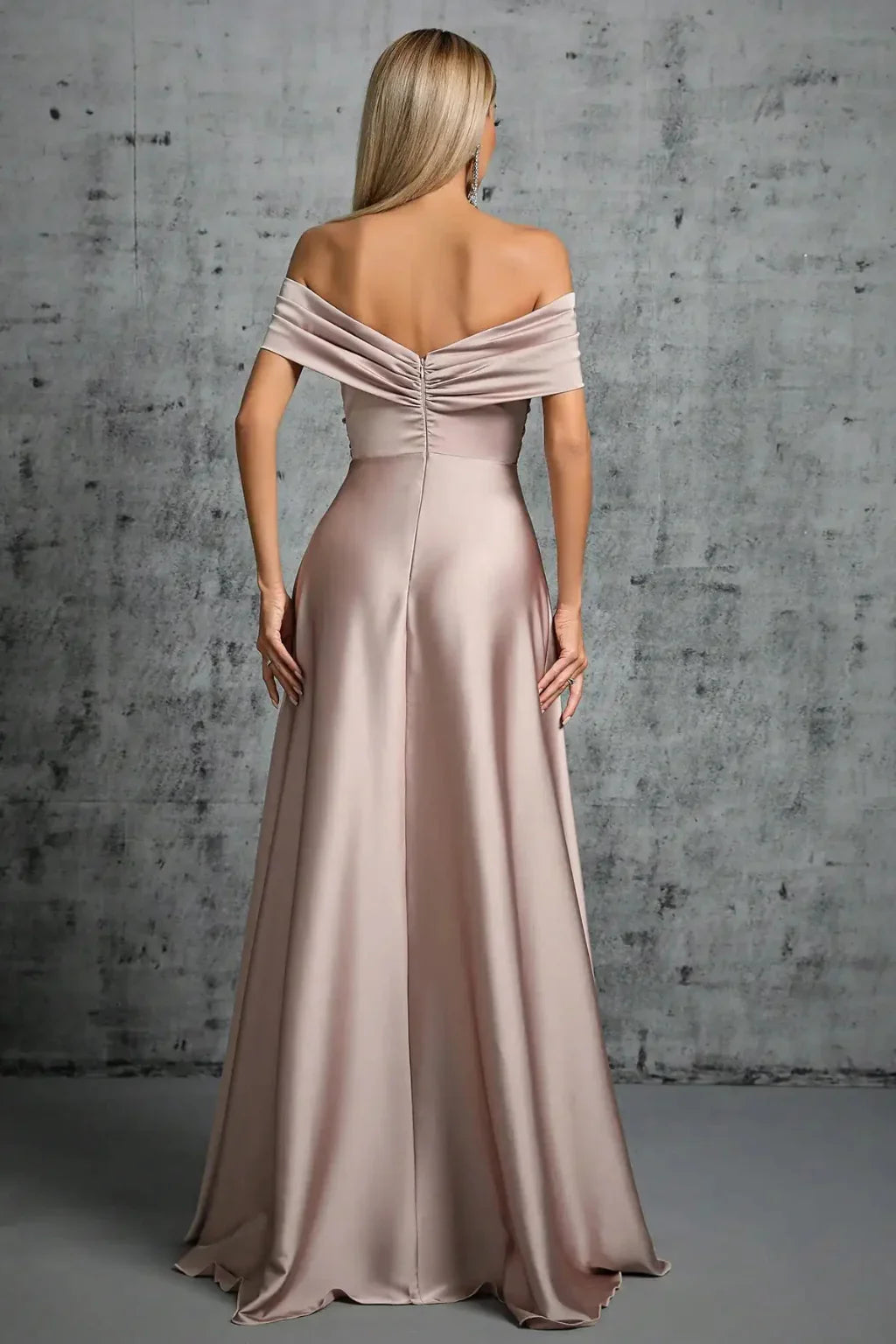 Taupe off-shoulder satin formal maxi dress with twisted knot bodice and A-line skirt - view 4