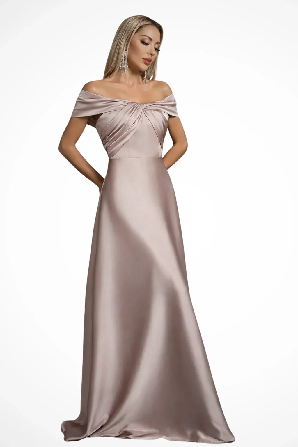 Taupe off-shoulder satin formal maxi dress with twisted knot bodice and A-line skirt - view 5