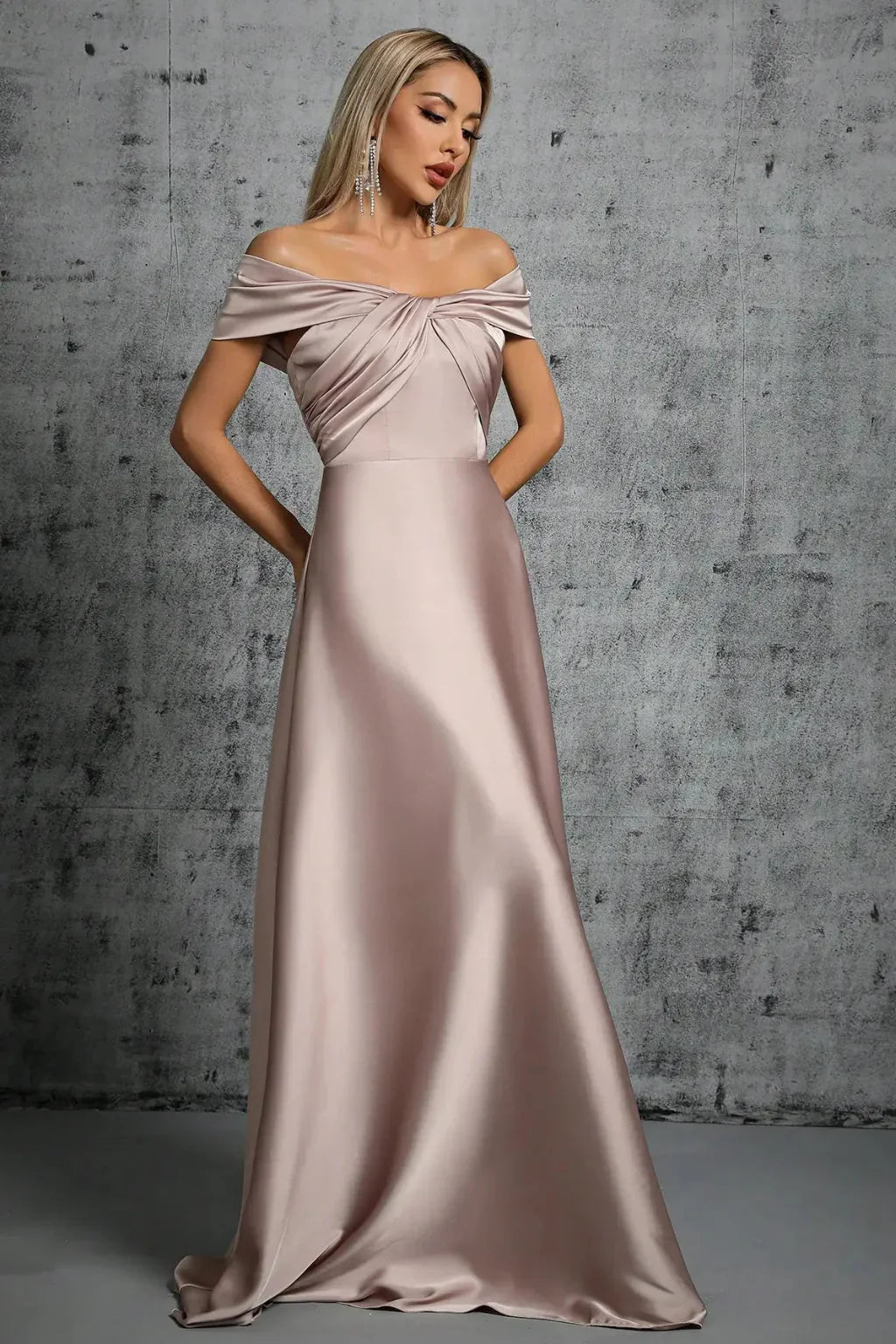 Taupe off-shoulder satin formal maxi dress with twisted knot bodice and A-line skirt - view 6