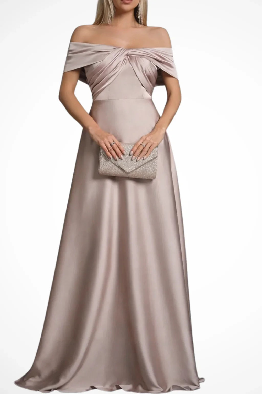 Taupe off-shoulder satin formal maxi dress with twisted knot bodice and A-line skirt - view 7