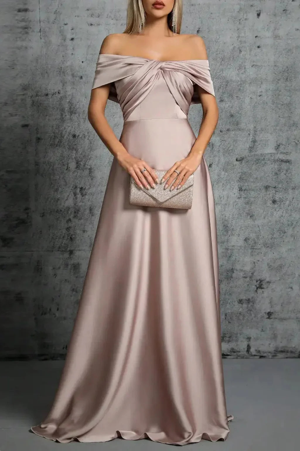 Taupe off-shoulder satin formal maxi dress with twisted knot bodice and A-line skirt - view 8