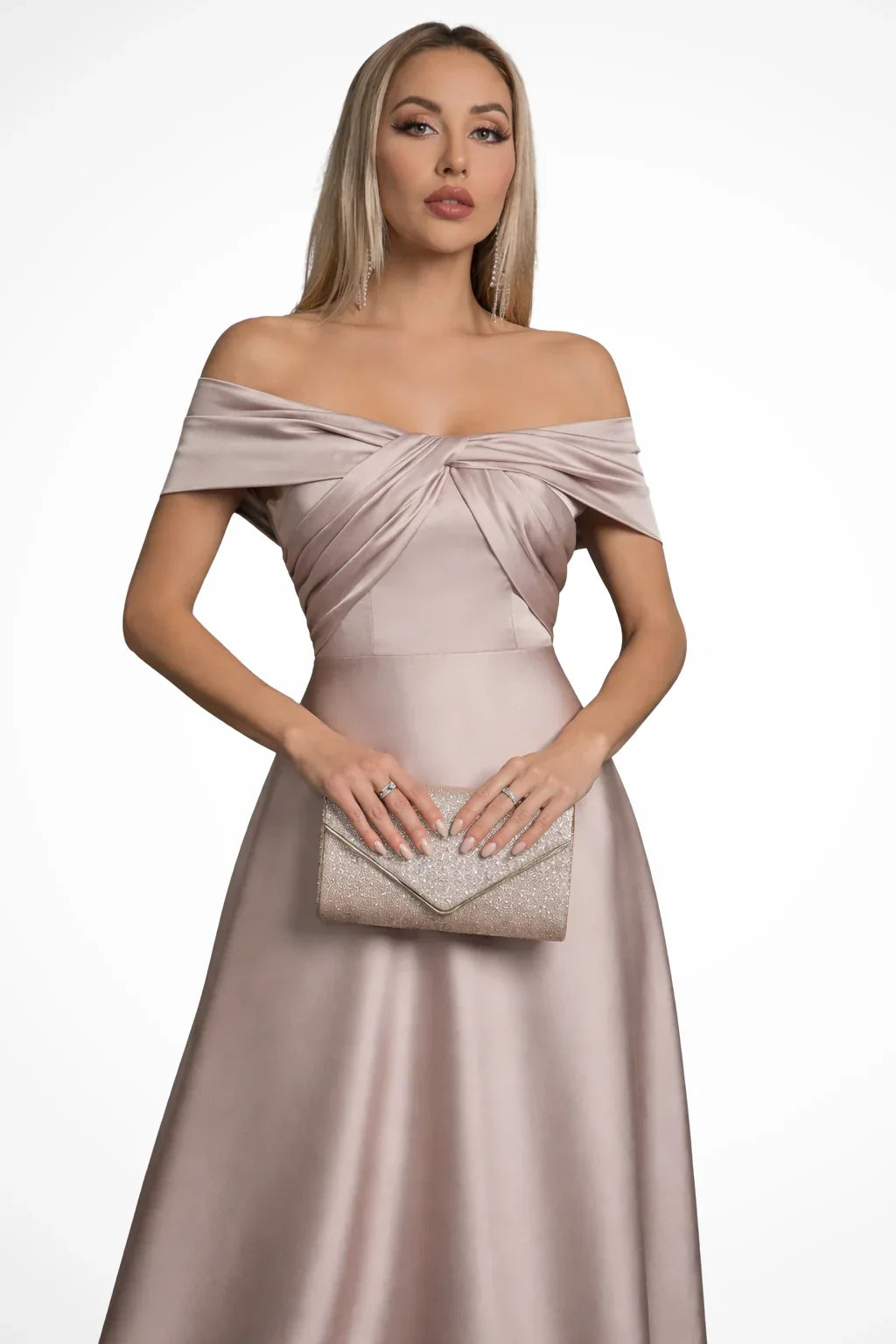Taupe off-shoulder satin formal maxi dress with twisted knot bodice and A-line skirt - view 9