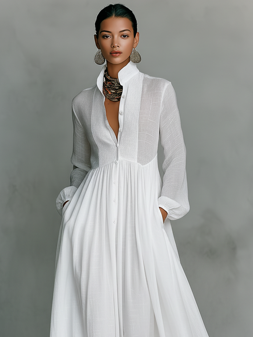 Elsie | Cotton Linen Patchwork Long Sleeve Maxi Shirt Dress