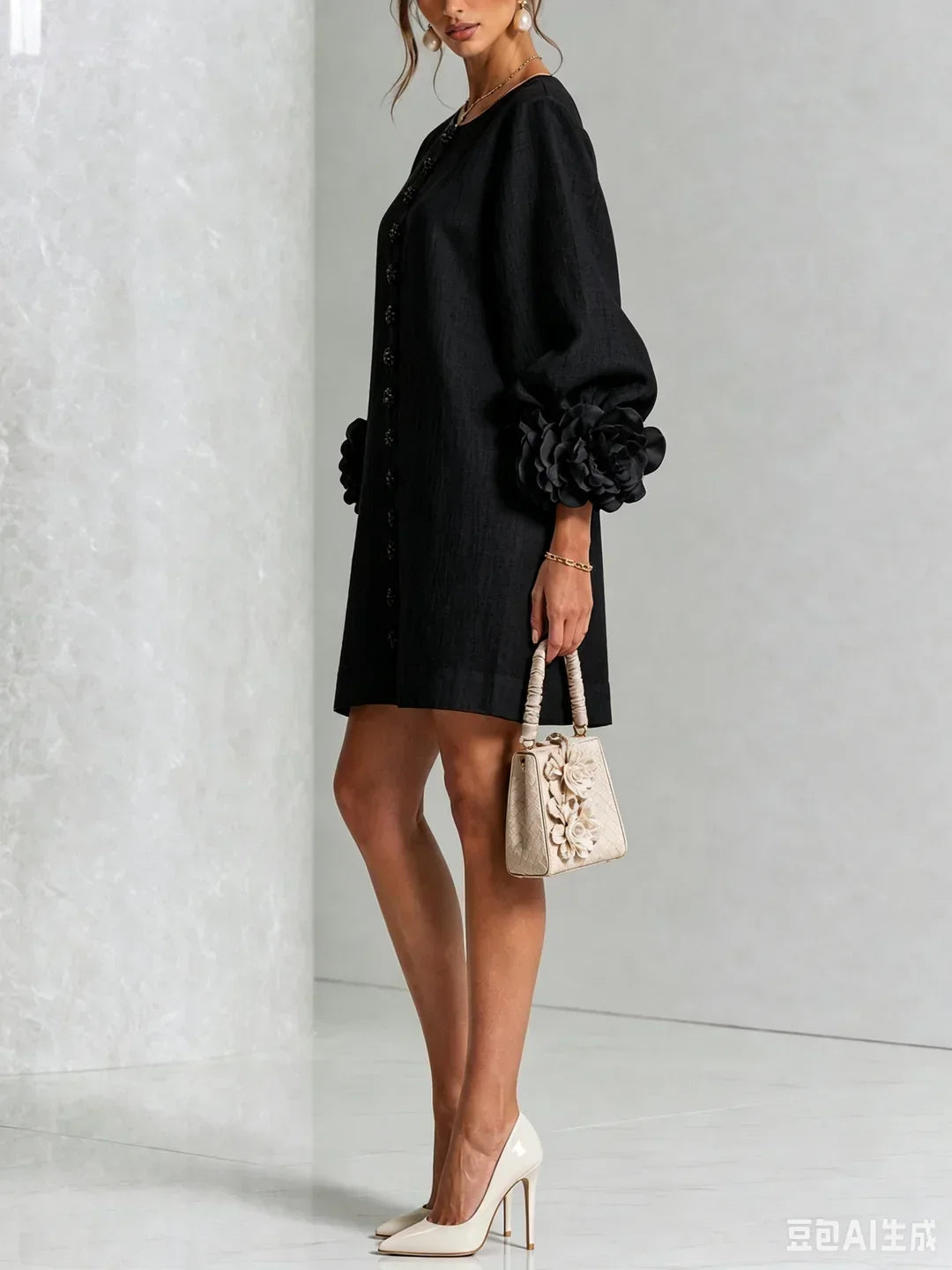 Long sleeve mini dress with rosette cuffs and flower-shaped buttons - view 13