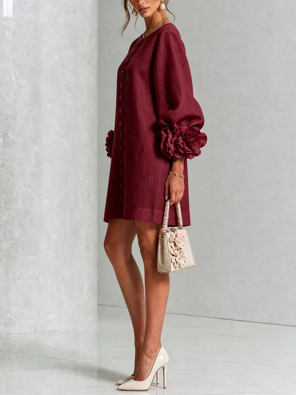 Long sleeve mini dress with rosette cuffs and flower-shaped buttons - view 16