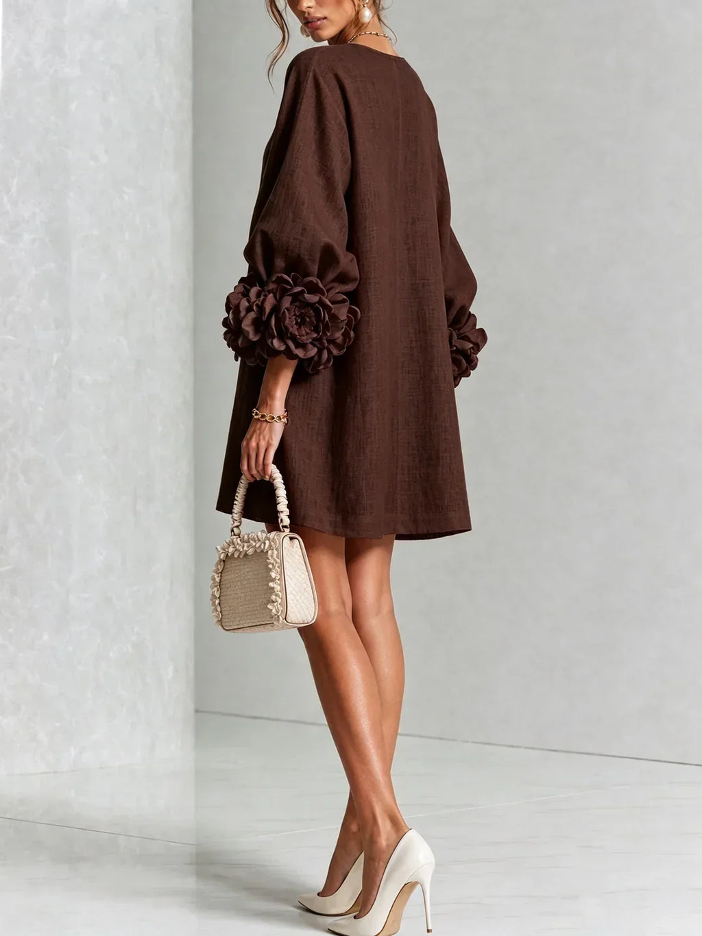 Long sleeve mini dress with rosette cuffs and flower-shaped buttons - view 18