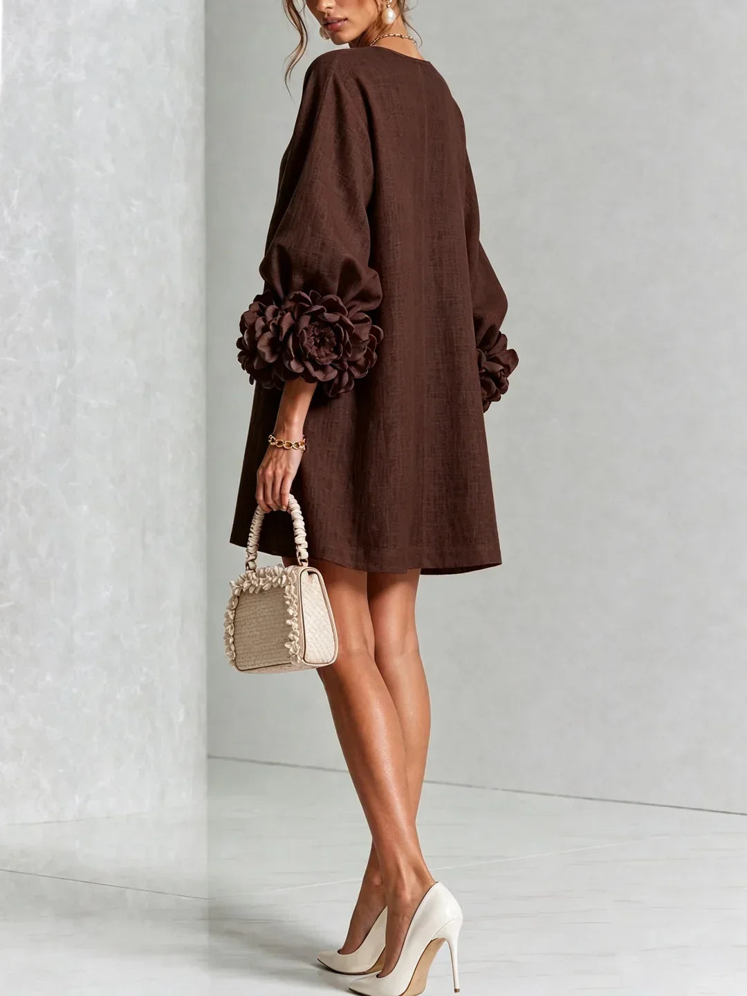 Long sleeve mini dress with rosette cuffs and flower-shaped buttons - view 18