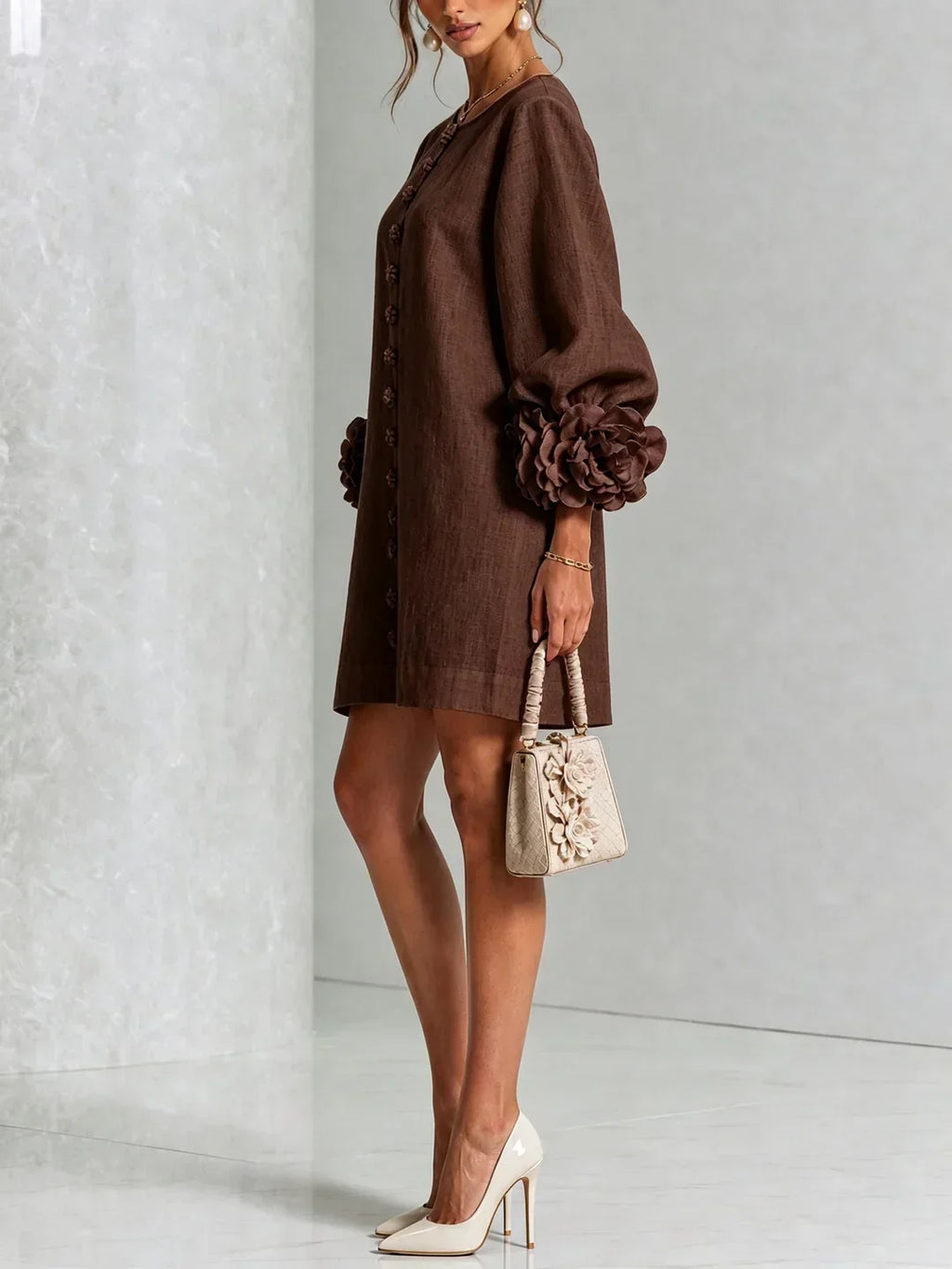Long sleeve mini dress with rosette cuffs and flower-shaped buttons - view 19