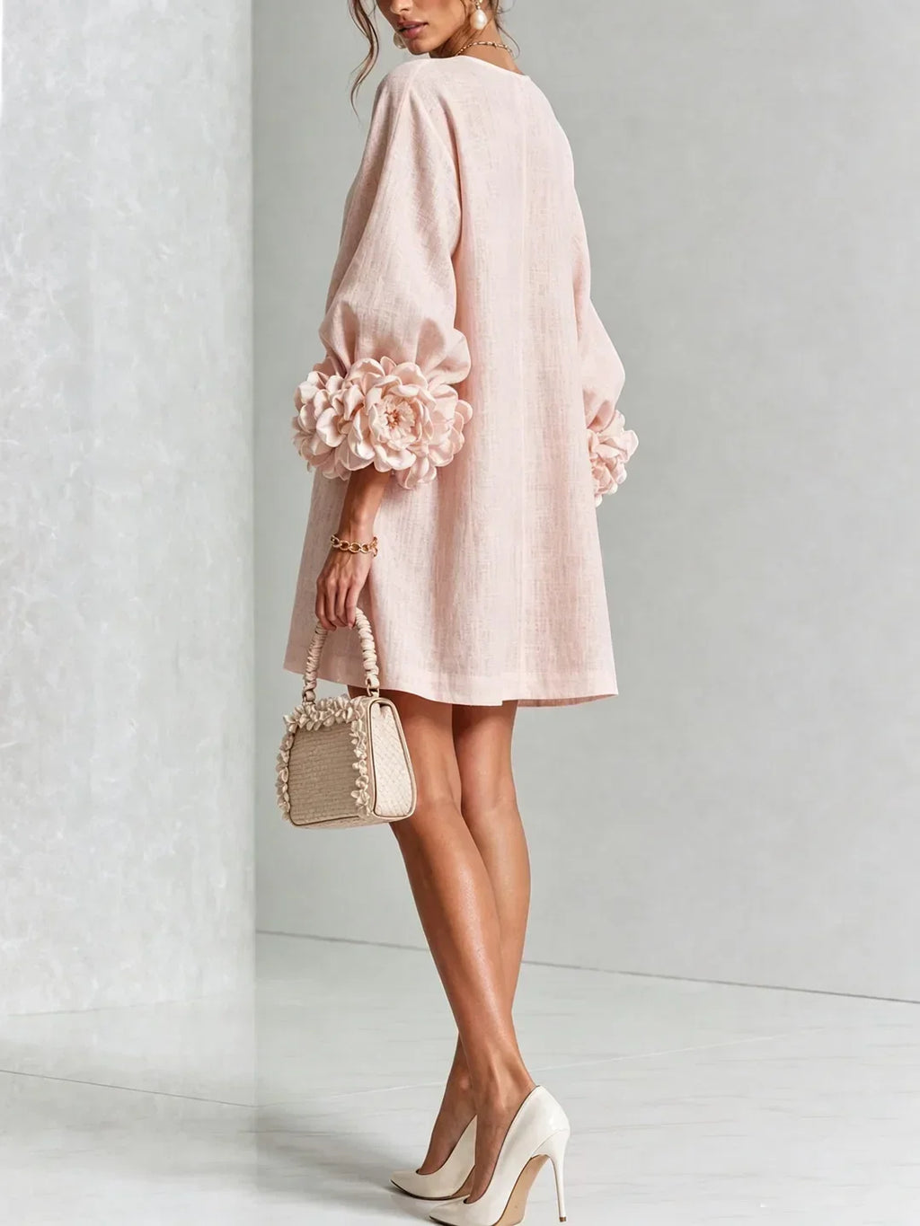 Long sleeve mini dress with rosette cuffs and flower-shaped buttons - view 2