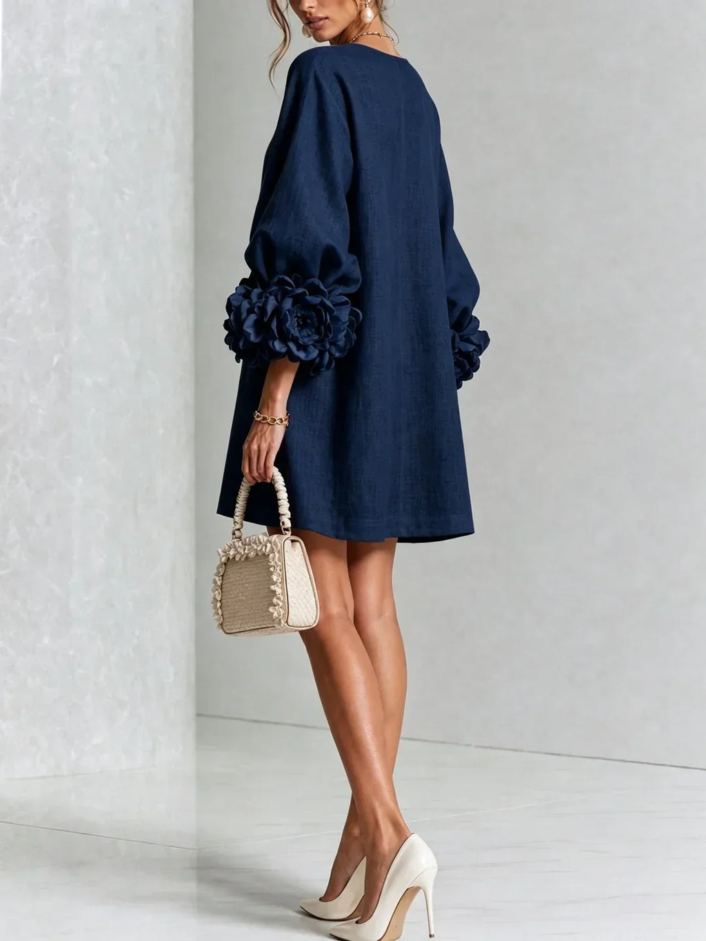 Long sleeve mini dress with rosette cuffs and flower-shaped buttons - view 21