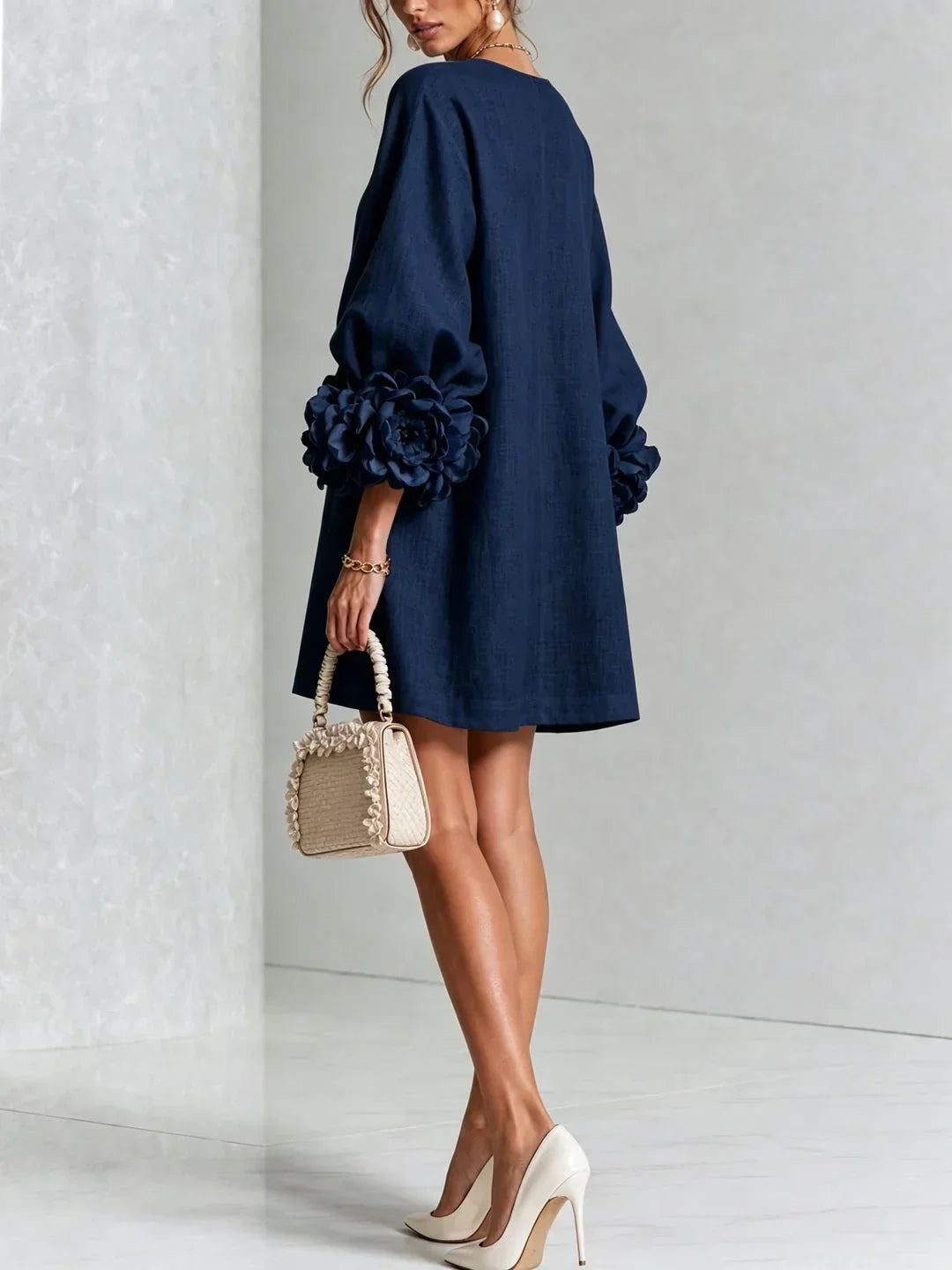Long sleeve mini dress with rosette cuffs and flower-shaped buttons - view 21