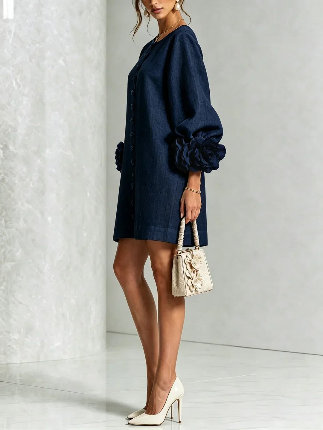 Long sleeve mini dress with rosette cuffs and flower-shaped buttons - view 22