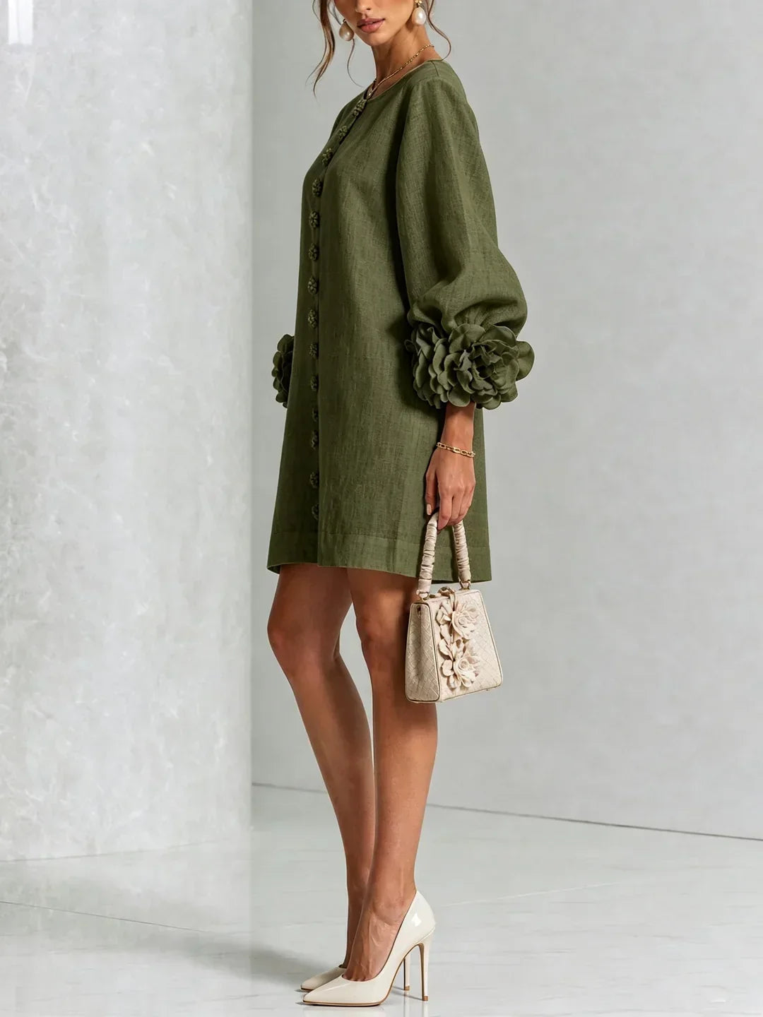 Long sleeve mini dress with rosette cuffs and flower-shaped buttons - view 24