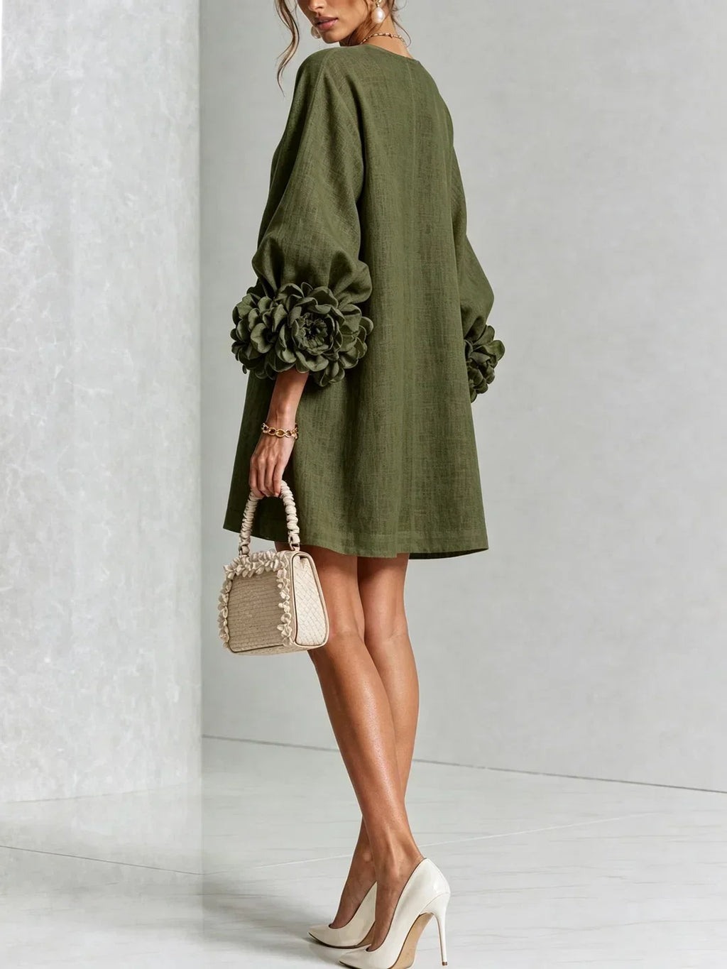Long sleeve mini dress with rosette cuffs and flower-shaped buttons - view 25