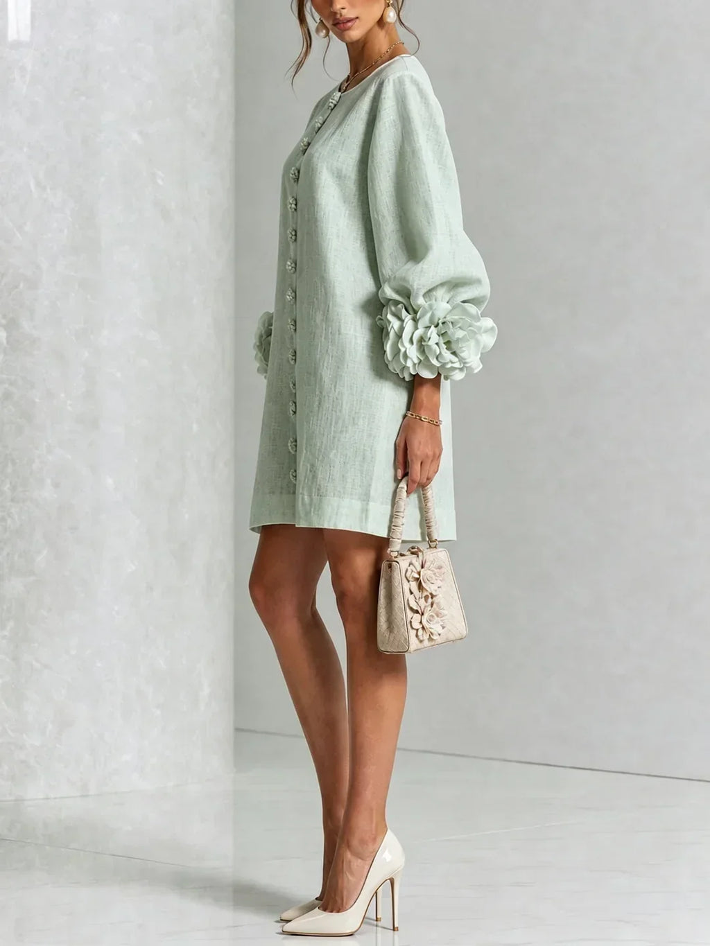 Long sleeve mini dress with rosette cuffs and flower-shaped buttons - view 28