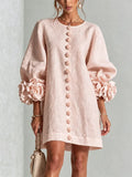 Long sleeve mini dress with rosette cuffs and flower-shaped buttons - view 29