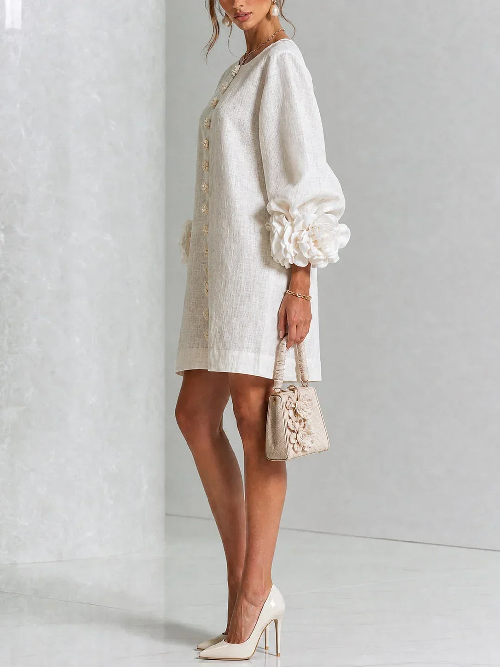 Long sleeve mini dress with rosette cuffs and flower-shaped buttons - view 5