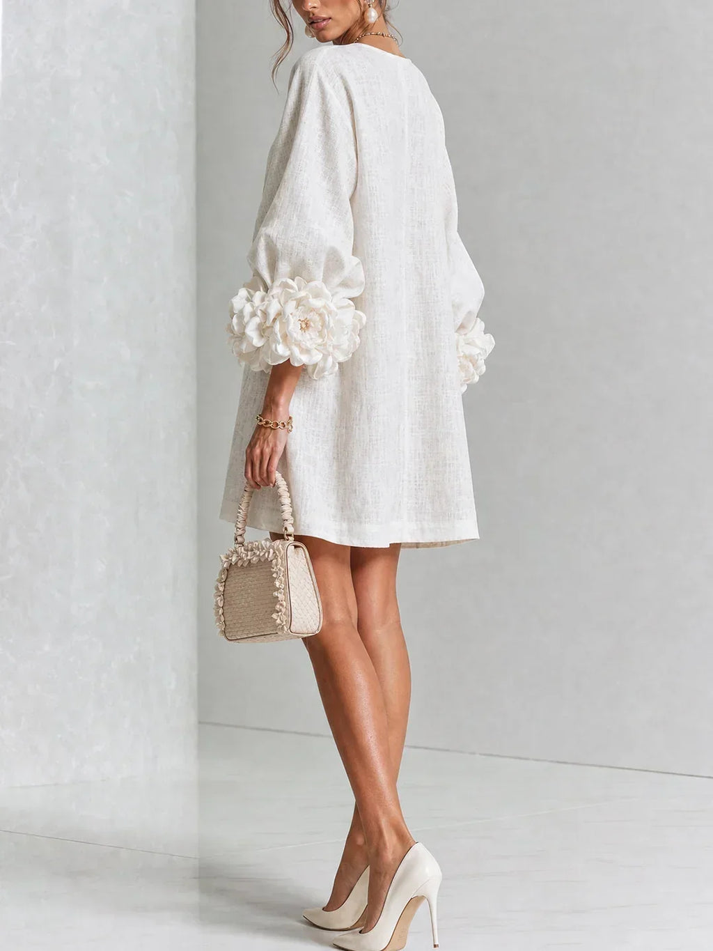 Long sleeve mini dress with rosette cuffs and flower-shaped buttons - view 6
