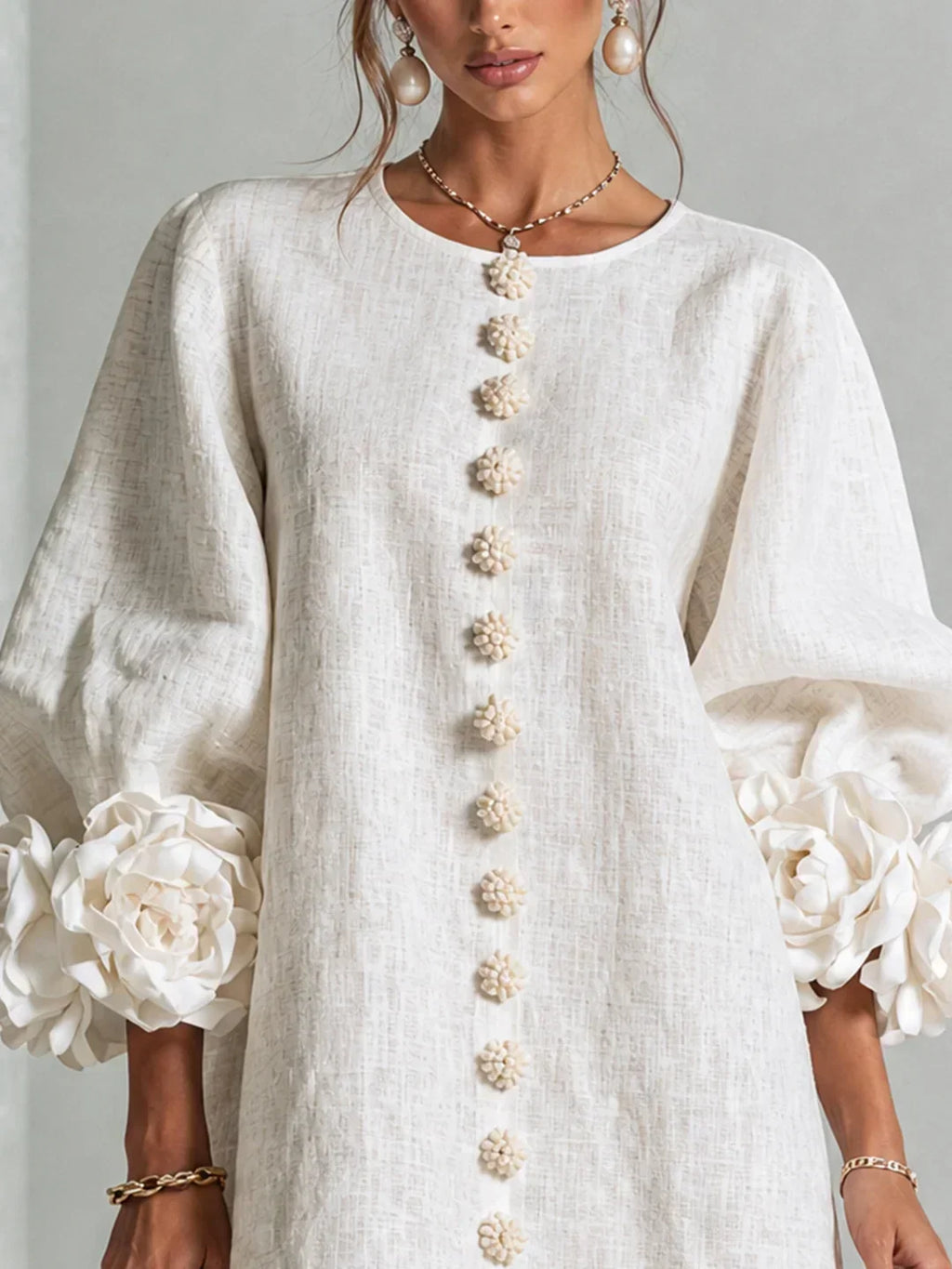 Long sleeve mini dress with rosette cuffs and flower-shaped buttons - view 7
