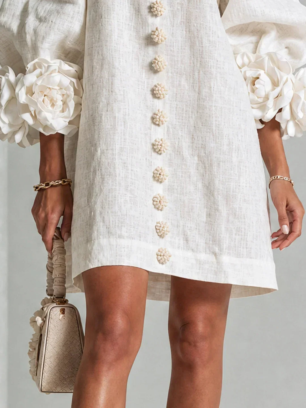 Long sleeve mini dress with rosette cuffs and flower-shaped buttons - view 8