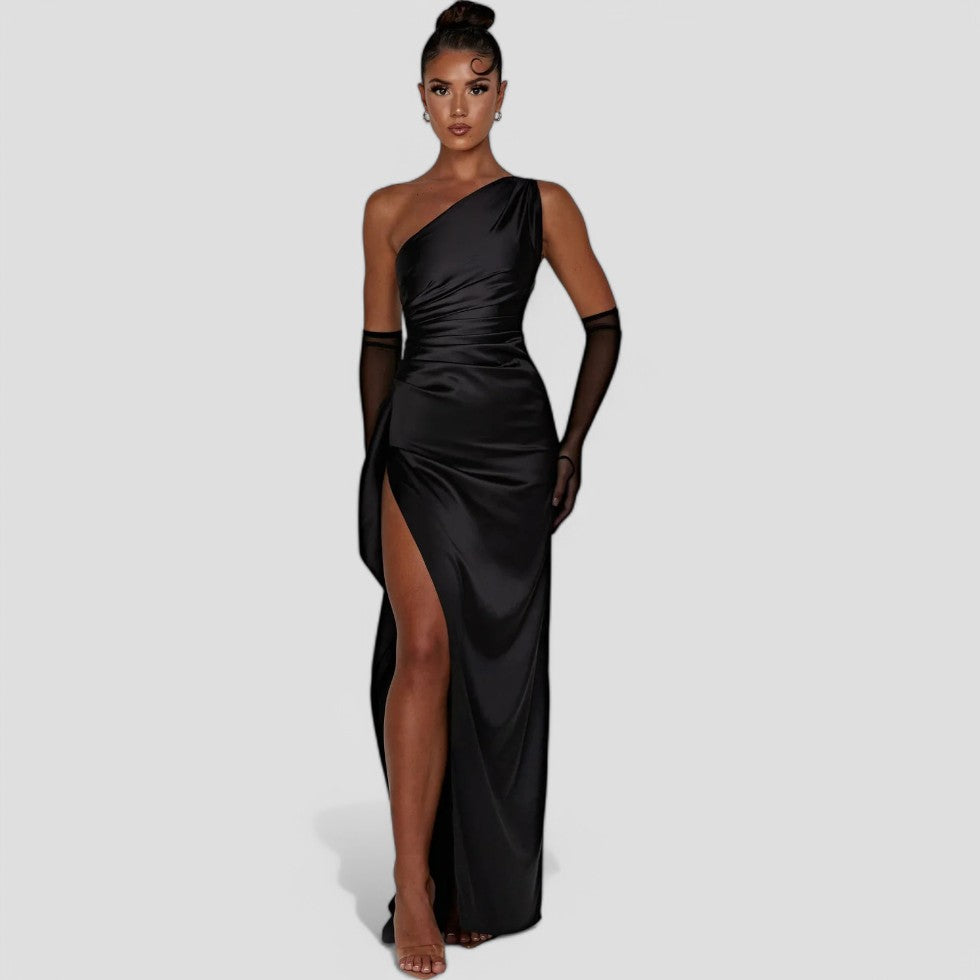 One shoulder satin formal maxi dress with ruched waist and high thigh split