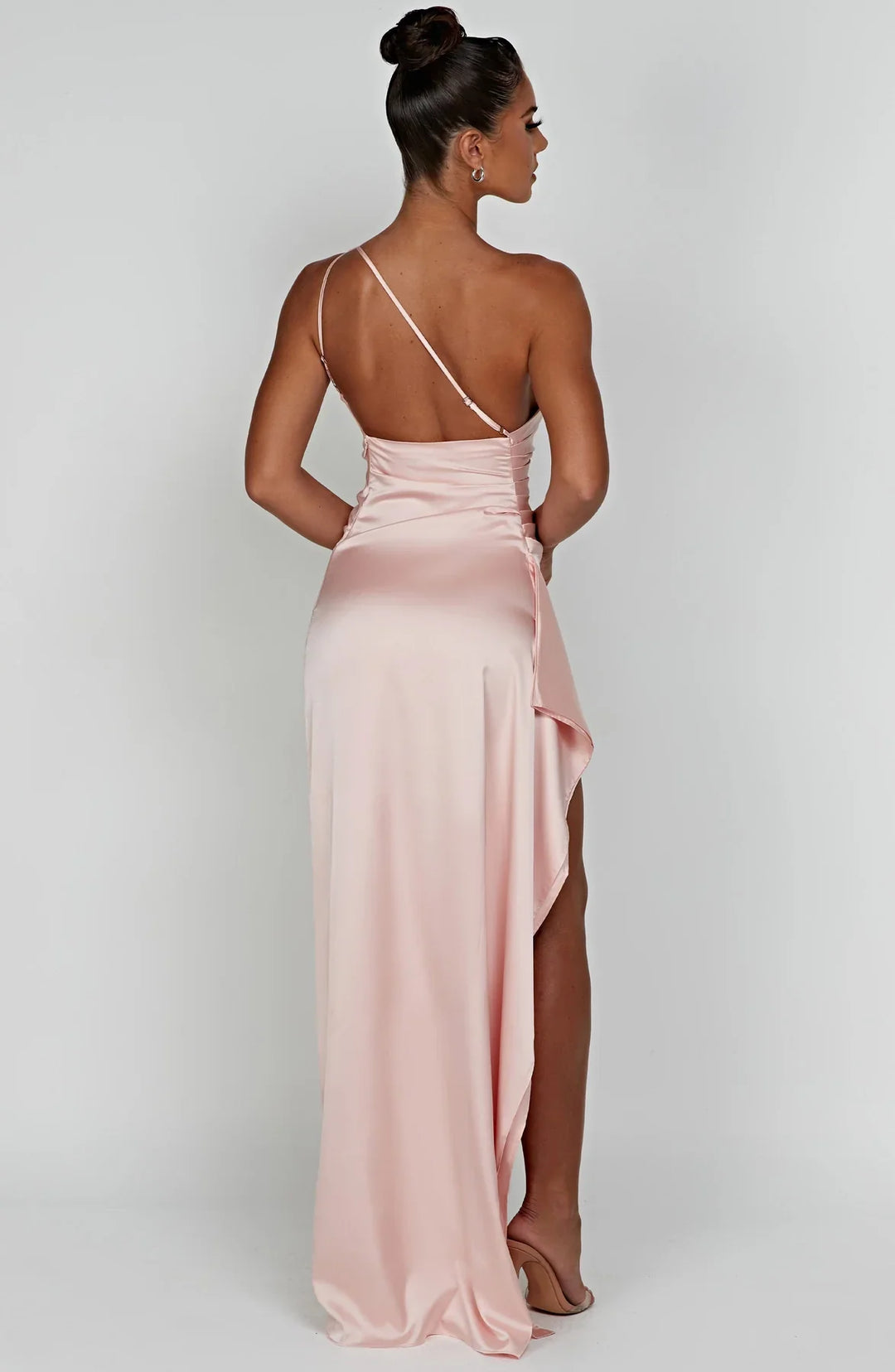 One shoulder satin formal maxi dress with ruched waist and high thigh split - view 12