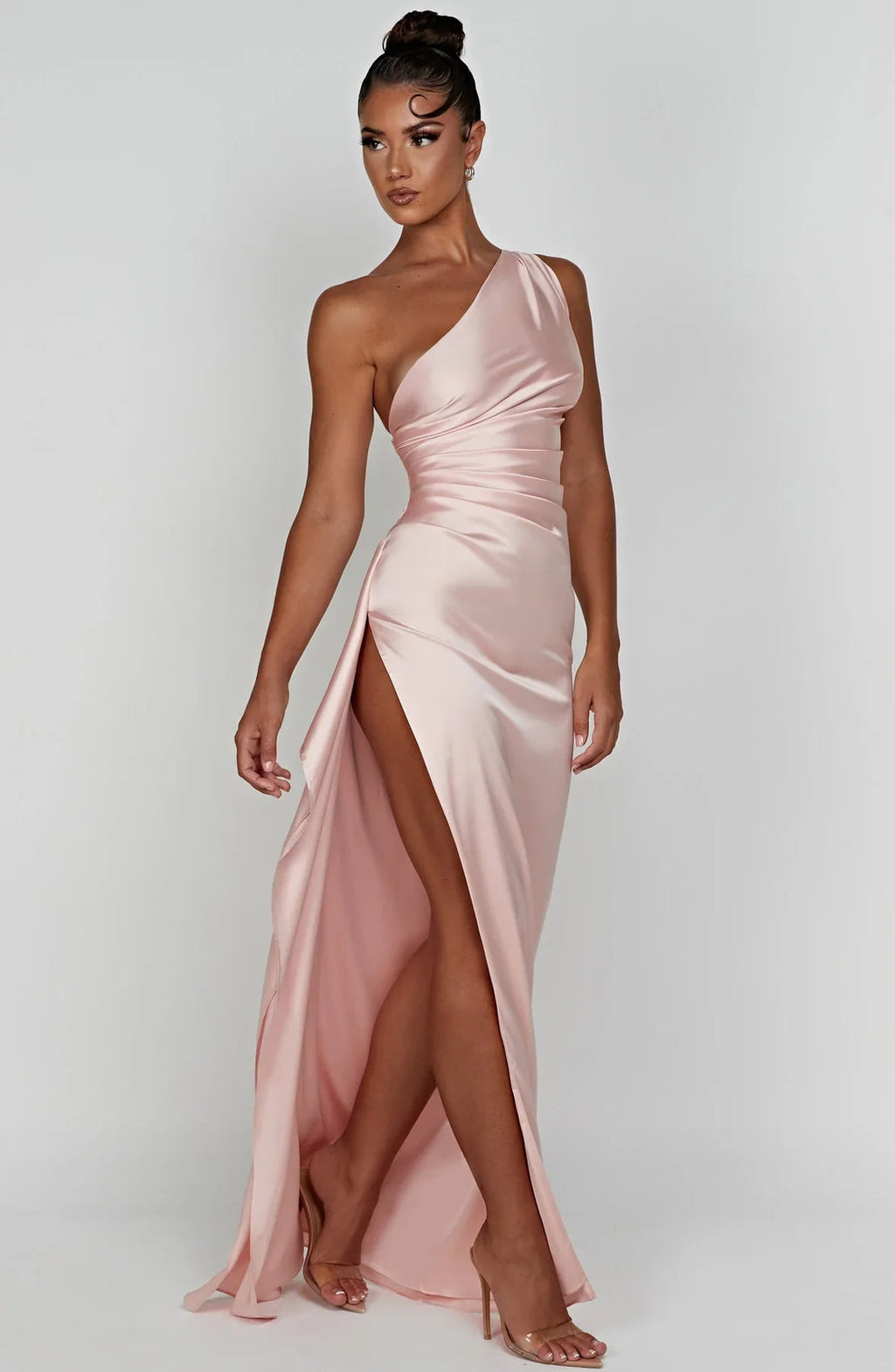 One shoulder satin formal maxi dress with ruched waist and high thigh split - view 16