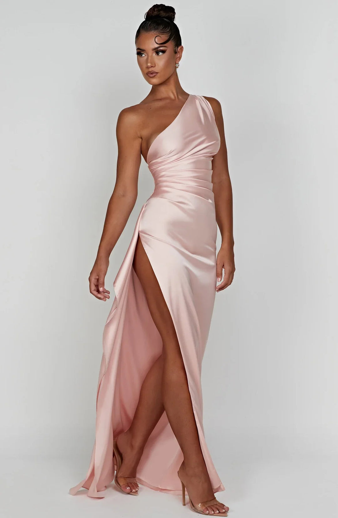 One shoulder satin formal maxi dress with ruched waist and high thigh split - view 16