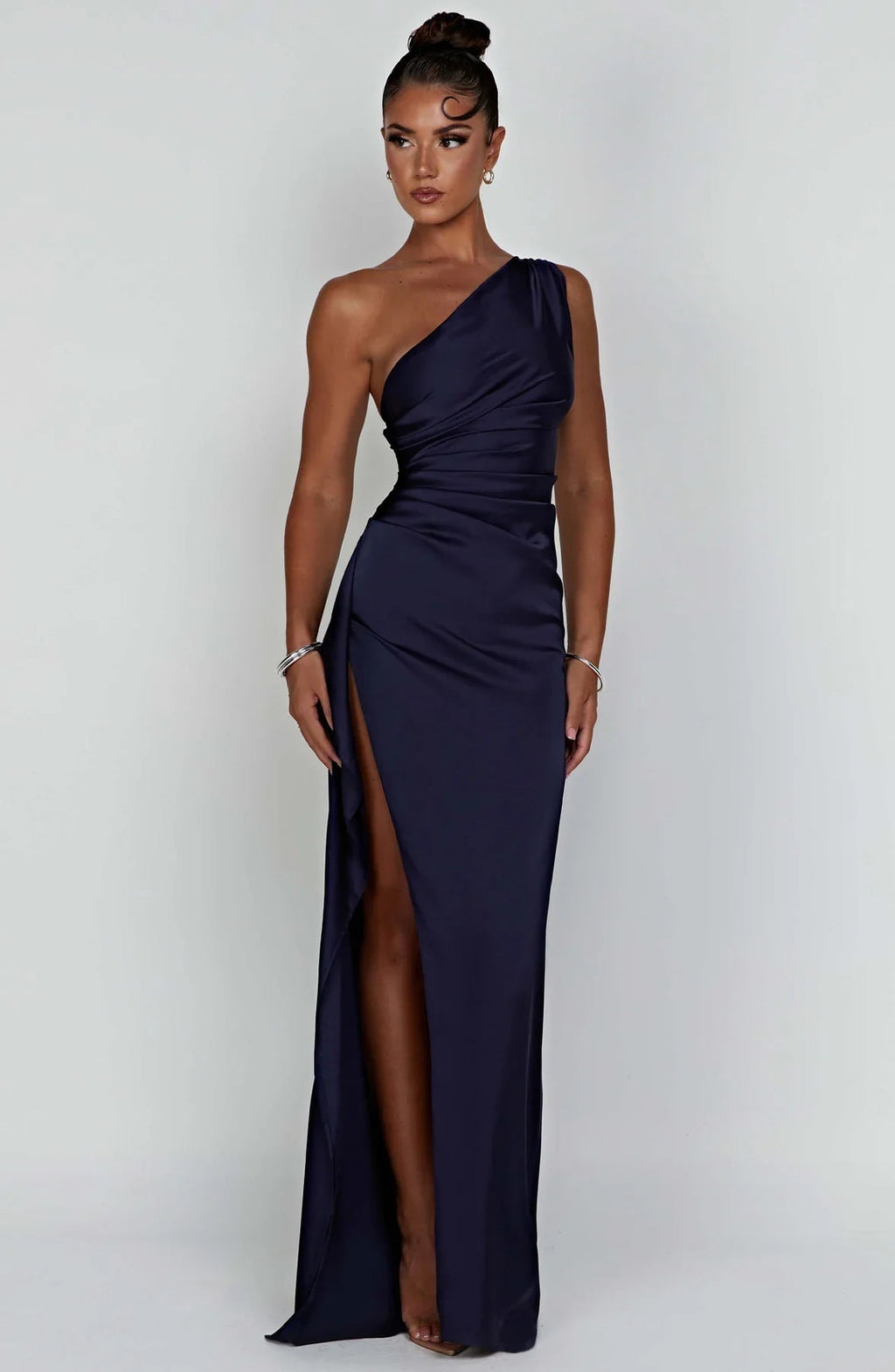 One shoulder satin formal maxi dress with ruched waist and high thigh split - view 18
