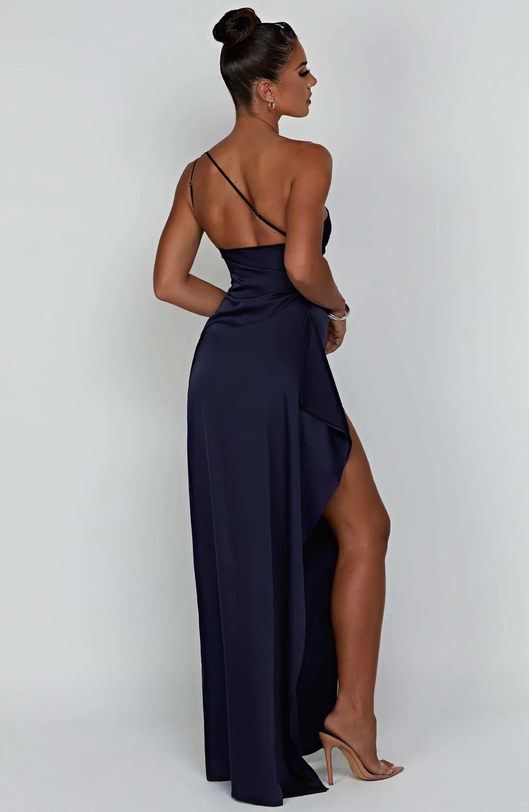 One shoulder satin formal maxi dress with ruched waist and high thigh split - view 21