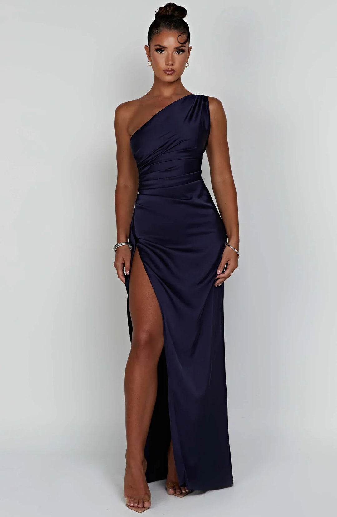 One shoulder satin formal maxi dress with ruched waist and high thigh split - view 23