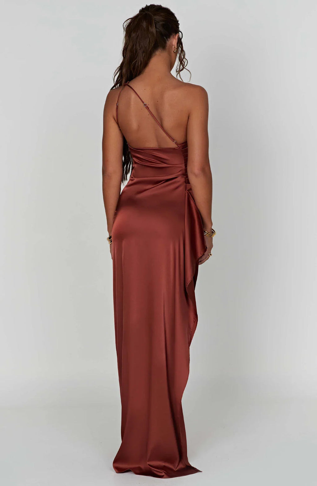 One shoulder satin formal maxi dress with ruched waist and high thigh split - view 29
