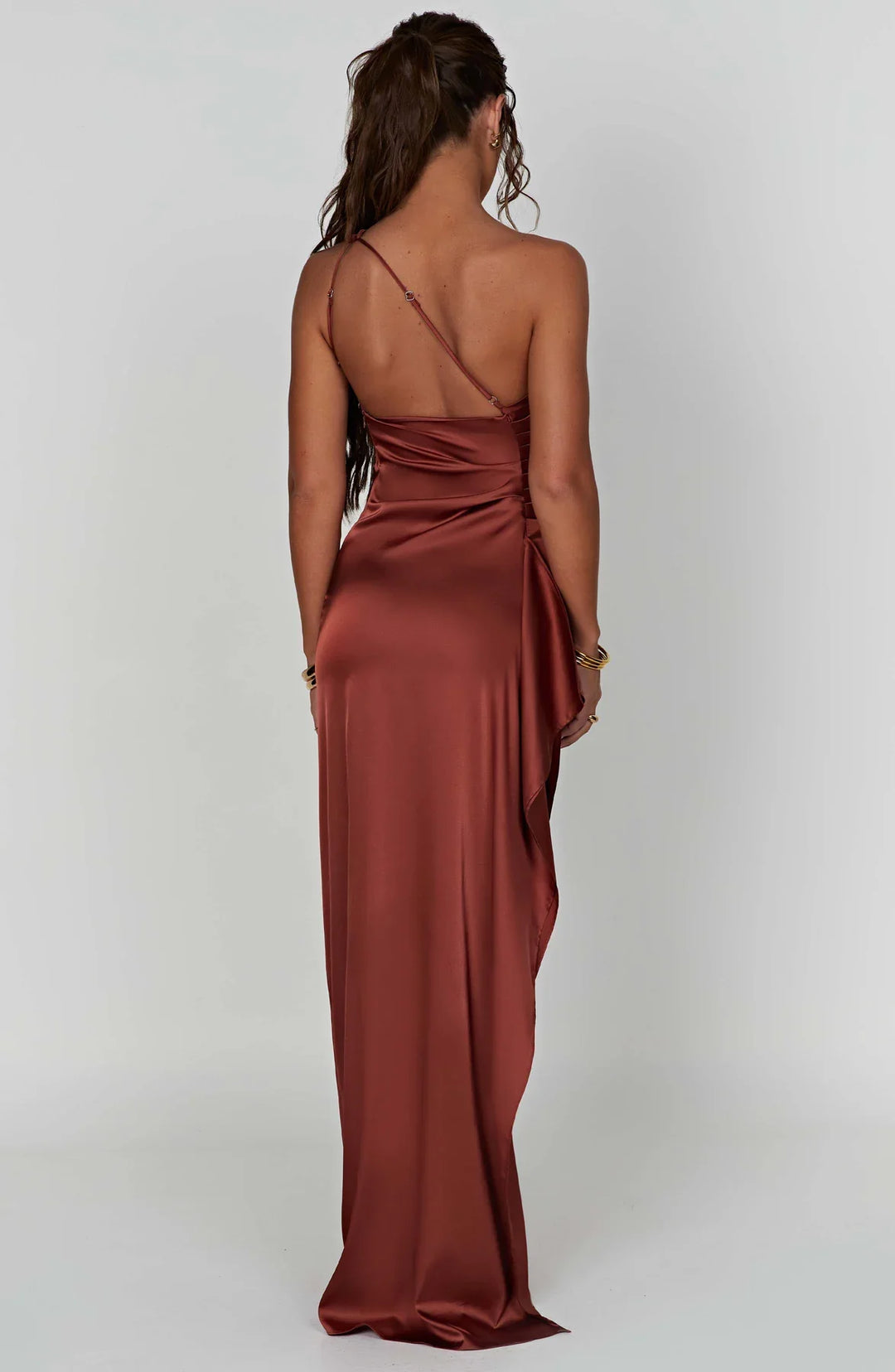 One shoulder satin formal maxi dress with ruched waist and high thigh split - view 29