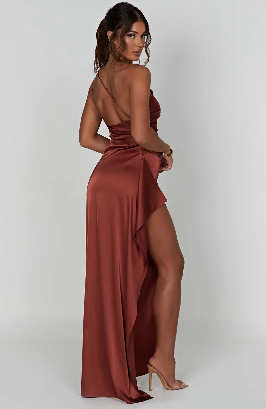 One shoulder satin formal maxi dress with ruched waist and high thigh split - view 32